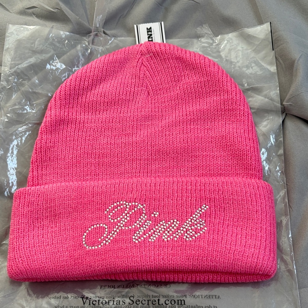 Victoria's Secret Vibrant Pink Knit Beanie with clear rhinestones OS NWT.